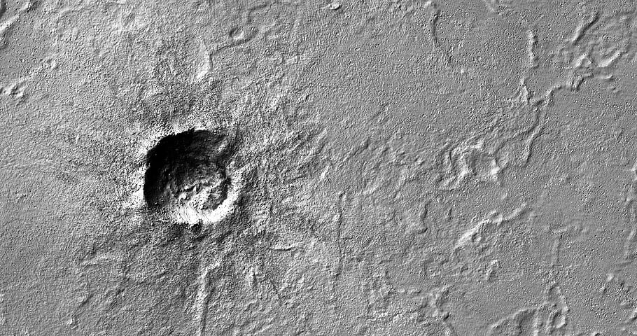 Mars, Rayed kráter, Elysium Planitia, sopečná provincie, Ejecta vzorec, onutné hřebeny, povodňové lávy, čedičový materiál, výšce, univerzitě v arizoně, nasa