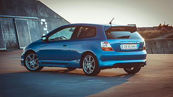 Blue Honda Hatchback, betonová dlažba, Stylový modrý hatchback, zaparkované venku, moderní design, Dánsko, fotografování automobilů, automobilového designu, modré auto, Hatchback Design, Venkovní parkování