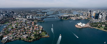 Sydney Opera House, Harbour Bridge, Port Jackson, aerial view, Sydney skyline, daylight, cityscape, waterfront, urban landscape, boats, Australia