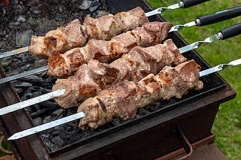 shish kebab, maso, pánev, špejle, výživa, smažení, uhlí, piknik, gril, masové špejle, grilované maso