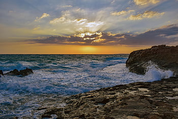 skalnaté pobřeží, moře, Příroda, pláž, západ slunce, nebe, mraky, horizont, odpoledne, ayia napa, Kypr