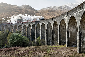 parní vlak, viadukt glenfinnan, skotské vysočiny, vlak s kouřem, pohled, viadukt, hory, krajina, železnice, cestovat, cestovní ruch