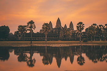 Angkor Wat, sunrise, reflection, calm lake, Siem Reap, Cambodia, tranquil view, monument, dawn, ancient temple, travel destination