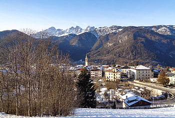 town, buildings, snow, houses, apartment, village, winter, bell Tower, nature, valley, mountains
