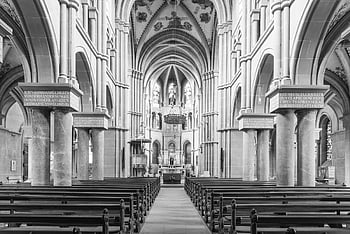 grayscale photo, church, gothic interiors, Bern Minster, Switzerland, monochrome view, stunning architecture, religious building, historical landmark, interior design, cathedral