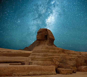 أبو الهول،  سماء نجمية زرقاء،  درب التبانة،  سماء الليل،  النصب القديمة،  مصر،  هضبة جيزا،  الاهرام،  المناظر الطبيعية الصحراوية،  عرض فلكي،  موقع تاريخي