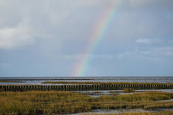 rainbow, nature, sea, coast, ocean, dike, clouds, watt, wadden Sea, ebb, flood