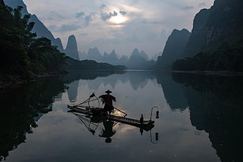 nature, fisherman, landscape, reflection, mountains, li River, guilin China, reflections