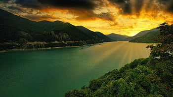 lake, mountains, sunset, sunrise, sun Rays, sunlight, nature, scenery, scenic, water, sky