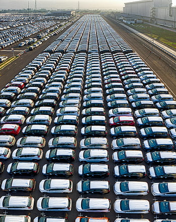 aerial shot, new cars, factory lot, Bekasi, Indonesia, large parking, car manufacture, rows of cars, industrial area, automotive industry, vehicle storage