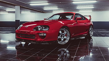 Czerwona Toyota Supra, zaparkowany, garaż, błyszczący czerwony samochód sportowy, Garaż wewnętrzny, Elegancki garaż, fotografia samochodowa, Supra Car, czerwony samochód sportowy, Wnętrze garażowe