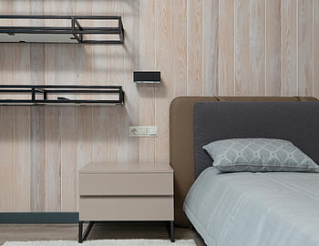 nattbord, hyller, Koselig soverom, moderne møbler, Minimalistisk livsstil, moderne soverom, Stilig soverom, Koselig sengetøy, trevegg, moderne innredning, minimalistisk design