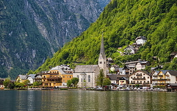 lake, nature, church, building, hallstatt, austria, tree, house, water, salzkammergut