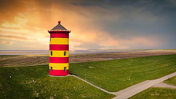 maják, pobřeží, pole, pilsum, věž, západ slunce, soumrak, Východní Frísko, Příroda, nebe, mraky