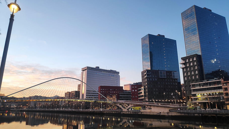 bilbao, city, sunset, spain, river, water, sunrise, architecture, bridge, buildings, urban