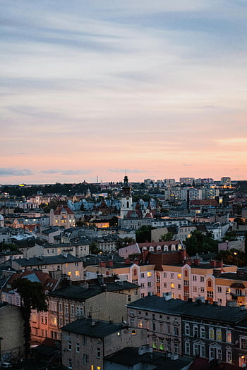 Bydgoszcz, Poland, aerial view, cityscape, sunset, beautiful architecture, urban skyline, European city, historical buildings, evening lights, city panorama