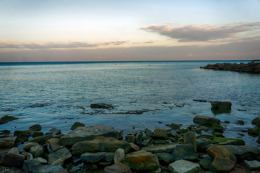 sea, sun, summer, water, sky, color, blue, light, morning, sunrise, stones