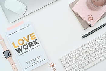 top view, workspace, clean modern, book, Apple Watch, keyboard, white background, desk layout, office setup, minimalist workspace, productivity tools