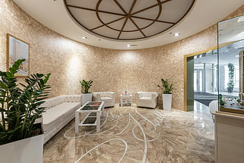 hotel lobby, modern decor, elegant seating, spacious lobby, opulent hotel, plants, marble floor, contemporary design, luxury interior, stylish lobby, elegant furniture