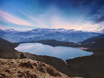 jezero, hory, Příroda, krajina, jezero rara, Nepál, Himaláje, mnich, buddhista, theravada buddhismus, himalaya