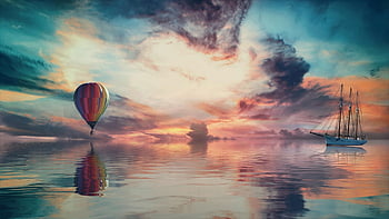 bateau, montgolfière, fantaisie, ciel, ballon, émotions, aventure, la nature, coloré, Couleur, des nuages