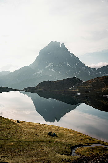 pic du midi d'ossau, Lake Gentau, französische Pyrenäen, Gebirgslandschaft, Reflexion, Camping, Zelte, Landschaft, Natur, draussen, Reise