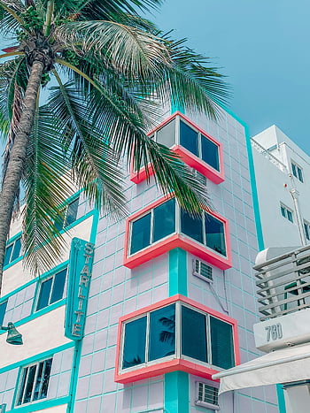 Art Deco, Miami, pastel colors, iconic palm tree, Starlite, building, tropical, architecture, South Beach, Florida, vacation