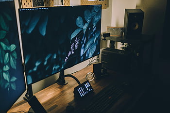 dual monitors, workspace setup, ambient lighting, wooden desk, stylish workspace, computer monitors, ergonomic setup, tech desk, home office design