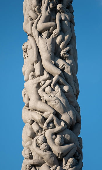 Vigelandův monolit, oslo, frogner park, kamenná socha, veřejný park, jasné modré nebe, Kultovní socha, venkovní umění, Norsko, kulturní památka, monumentální umění