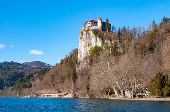 slovenia, castle, island, bled, lake, mountain, nature, hill, landscape, rock, beach