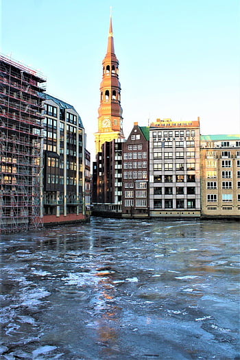 kostel sv, Flotila, motivy portů, zimní, Hamburg, hamburgensien, kranská střecha