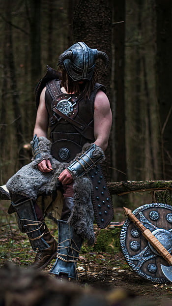 viking, bojovník, sedící, log, les, Skandinávské brnění, helma, štít, sekera, středověký, cosplay