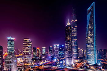 shanghai orizont, Zgârie -nori iluminate, viziune nocturnă, clădiri iconice, peisaj urban, arhitectura moderna, Cadru de clădire ridicat, Vizualizare maiestuoasă, Downtown Shanghai, fotografie de noapte