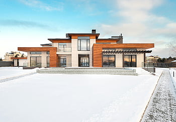 modern residential house, wooden facade, snowy landscape, contemporary house, winter real estate, countryside home, modern architecture, luxury home, winter home, snowy countryside, modern house exterior