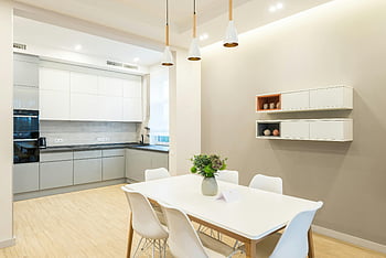 modern kitchen, interior design, dining area, contemporary decor, bright kitchen, spacious kitchen, white furniture, wooden floor, pendant lights, open shelving, kitchen appliances