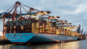 cargo ship, container ship, Hamburg harbor, twilight, cranes, loading, large ship, Maersk, harbor view, shipping, port operations
