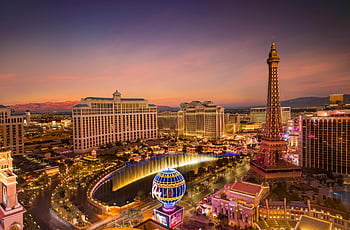 las vegas, svítí, soumrak, letecký pohled, panoráma, západ slunce, Eiffelova věž, bellagio fontány, panoráma města, nevada, usa