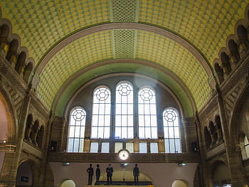 Ancien hall, départs, gare, néo-roman, Metz, France, Europe, clock, columns, stained glass windows, Jean Moulin