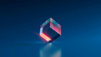 3D 큐브, 빛나는 가장자리, 진한 파란색 배경, 떠는, 미래의, 자, 담홍색, 다이아몬드, 추상 미술, 네온 불빛, 디지털 아트