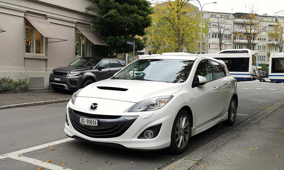 Mazda, 3, MPS, car, white, parked, street, vehicle, hatchback, license plate, urban