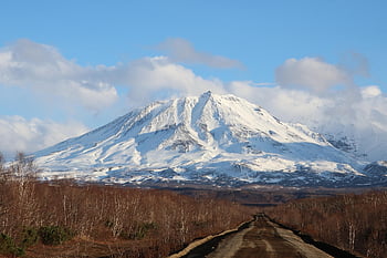 kamchatka, volcano, road, forest, snow, winter, nature, path, trees, landscape, mountain
