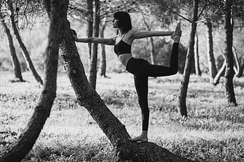 Natarajasana, yoga pose, monochrome, concentrated lady, Lord of the Dance, park, trees, calm, balance, black and white, outdoor yoga