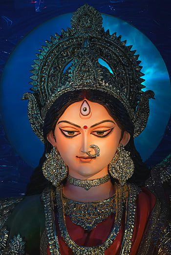 Durga Idol, Karmaşık Ayrıntılar, Durga Puja, kolkata, Hindistan, Canlı Durga, kapatmak, geleneksel takılar, Kültürel festival, Tanrıça Durga, süslü tasarım