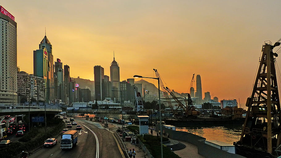 západ slunce, záliv, Hongkong, panoráma města, panoráma, městský, provoz, budov, soumrak, ostrov victoria