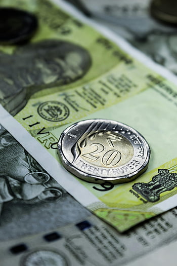 Moneta da 20 rupie, valuta indiana, foto ravvicinata, temi finanziari, soldi indiani, Note di rupia, venti rupie, Note sulle valute, Economia indiana, dettagli della moneta, Close-up di denaro