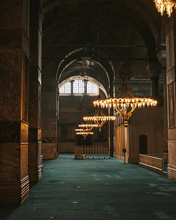Hagia Sophia, velká mešita, závěsné lustry, ozdobené lustry, Architektonická vznešenost, majestátní interiér, Vzhled interiéru, náboženské architektury, historické budovy, Istanbul, krocan