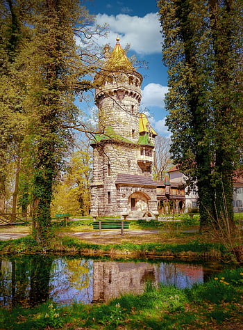 historický, Příroda, architektura, park, rybník, hradní příkop, stromy, krajina, budova