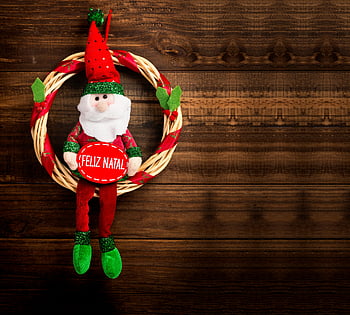 věnec santa claus, vánoční věnec, Feliz Natal, dřevěné pozadí, sváteční dekorace, Santa Doll, Slavnostní věnec, vánoční dekorace, santa claus dekorace, vánoční znamení, Veselý věnec