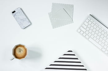 Apple Magic Keyboard, white letter envelope, minimalist workspace, coffee, phone, envelopes, white desk, clean desk, office setup, flat lay, workspace organization