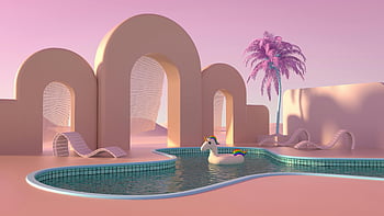 plavecký bazén, zelené palmy, futuristický design, Surreal Oasis, Klenuté struktury, dekorativní bazén, Barevný plovák, Venkovní oáza, moderní architektura, tropické prostředí, pastelové barvy